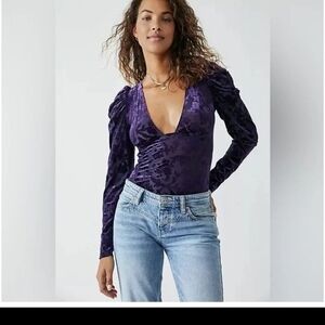 Free People Velvet Deep V-Neck Bodysuit in Rich Purple